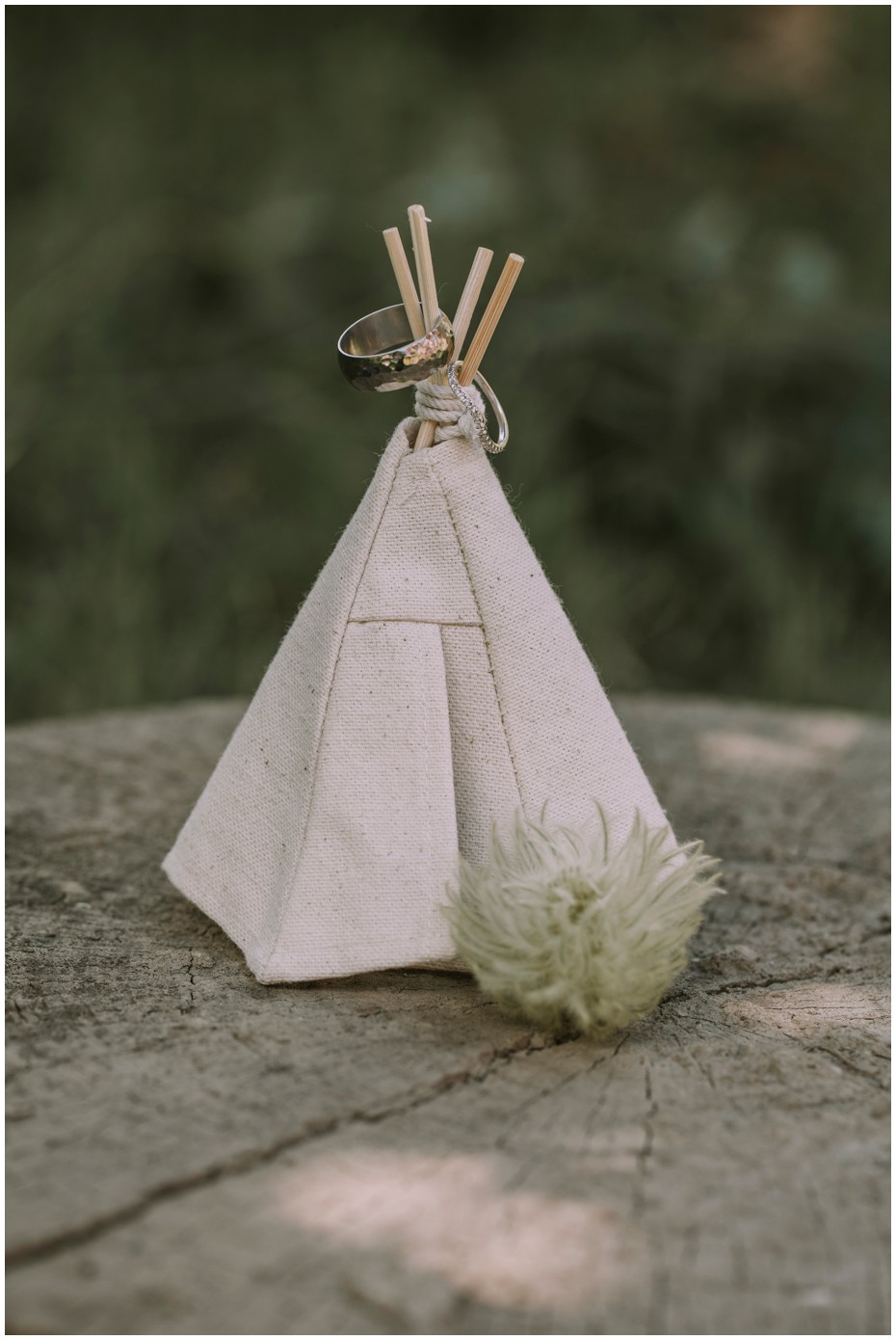 Charlotte Kiri Photography - Wedding Photography picture of a mini teepee with his and her wedding rings balanced on top of the wooden ends, in Wanaka, New Zealand