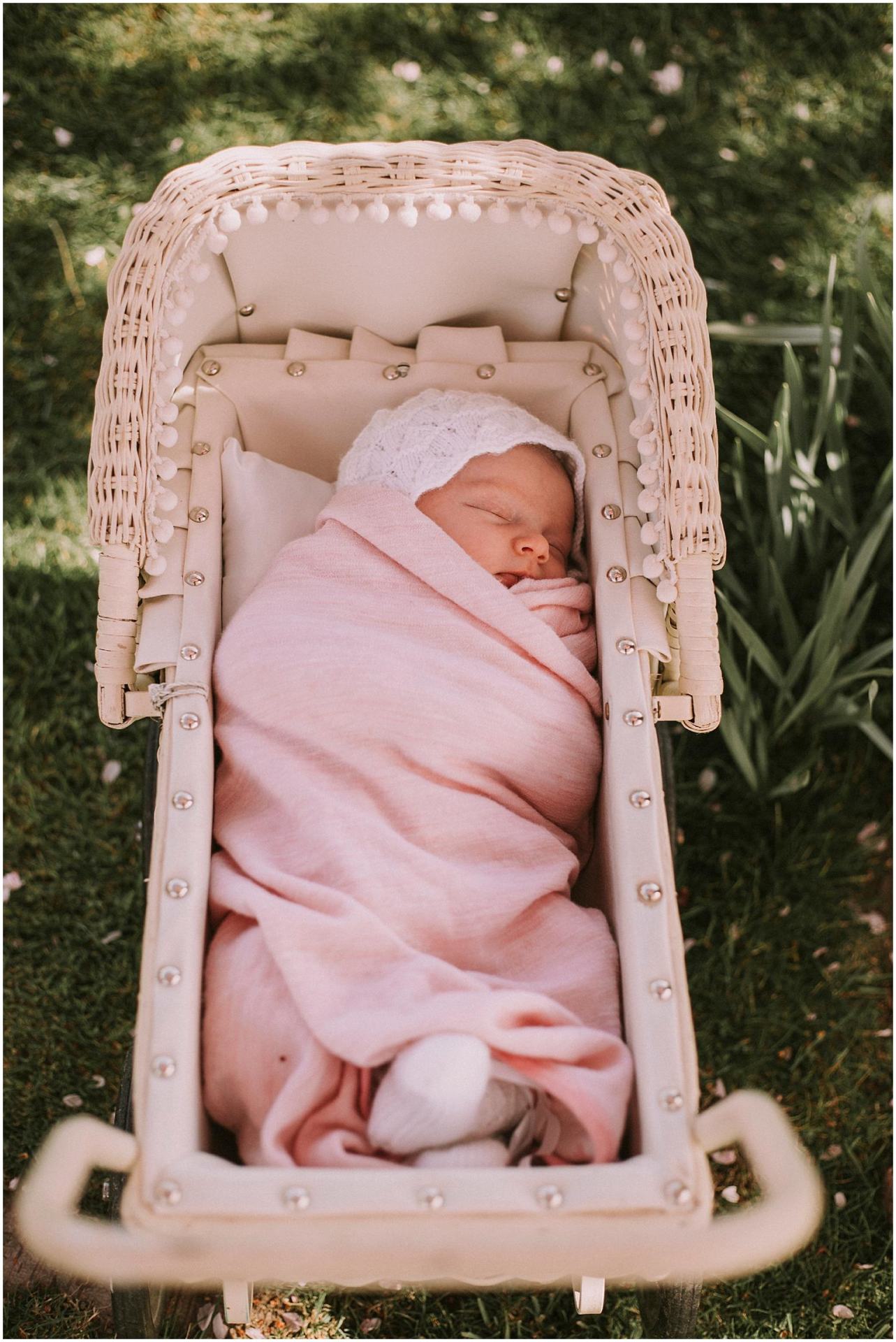 Charlotte Kiri Photography - Family Photography of a cute baby girl sleeping in the dappled light in the garden, swaddled in a pink blanket in a wicker pram with tassels and silver fastenings in Wanaka, New Zealand.