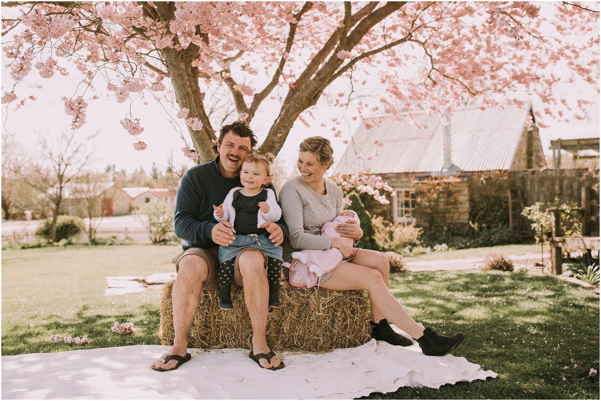 Charlotte Kiri Photography - Family Photography of a mum and dad sitting on a hay bale with their young daughter and baby in front of a pretty cottage and pink blossom tree in Wanaka, New Zealand.